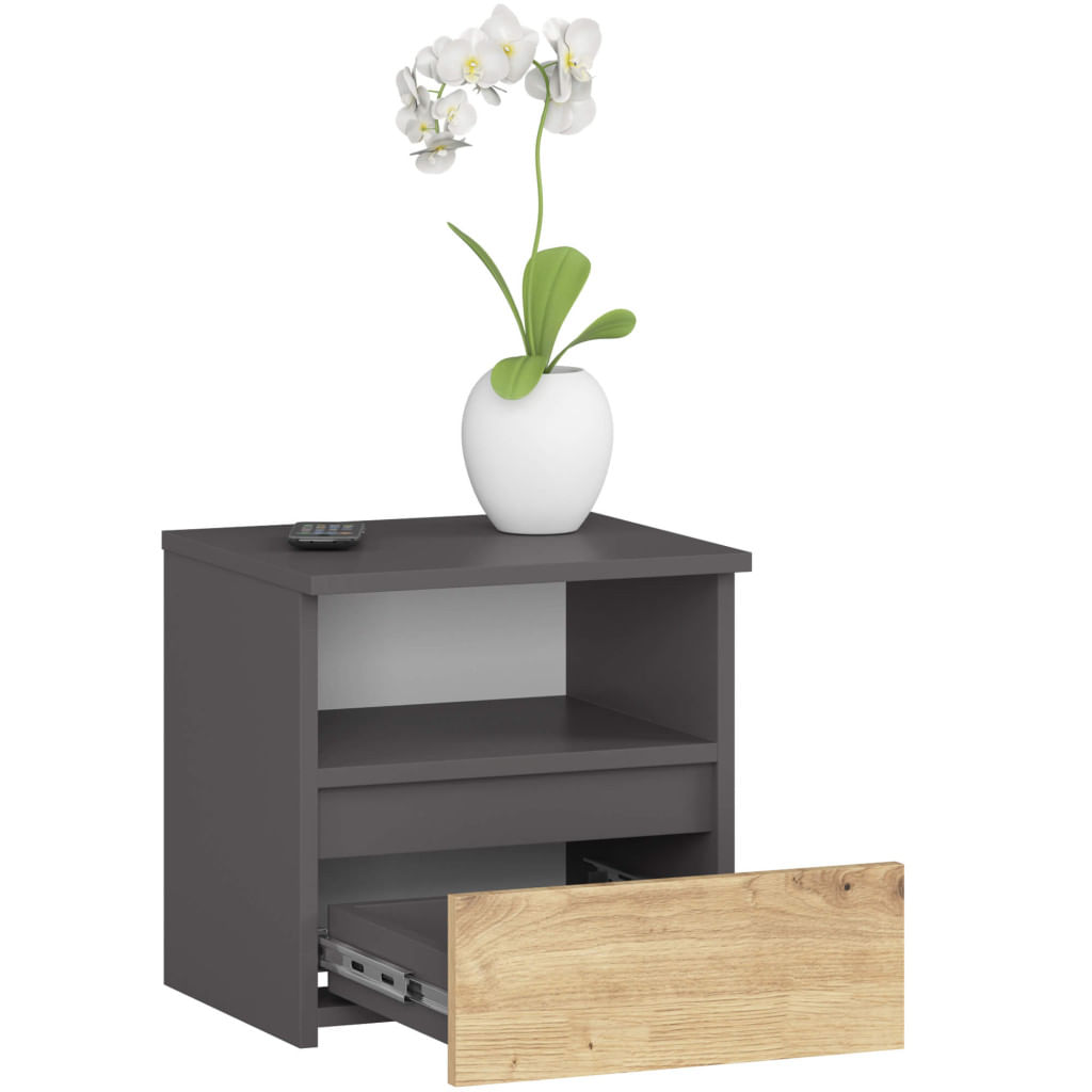 Noptiera cu 1 sertar, PAL laminat 16mm, 40x35x40 cm, gri si stejar artisan — imaginea 3