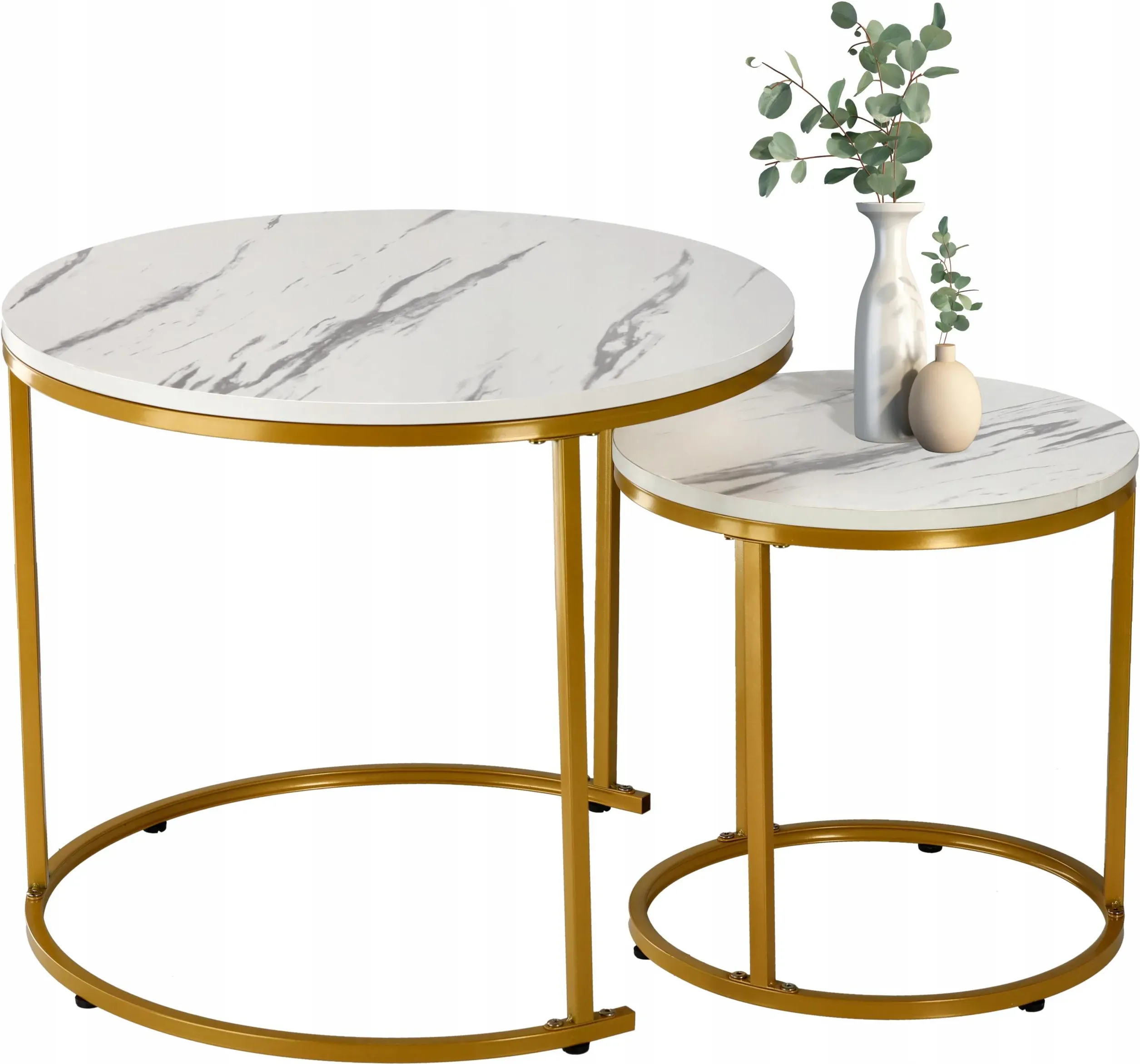 Set 2 masute cafea suprapozabile, MDF si metal, 60x50 cm si 40x40 cm, alb marmura si auriu — imaginea 6