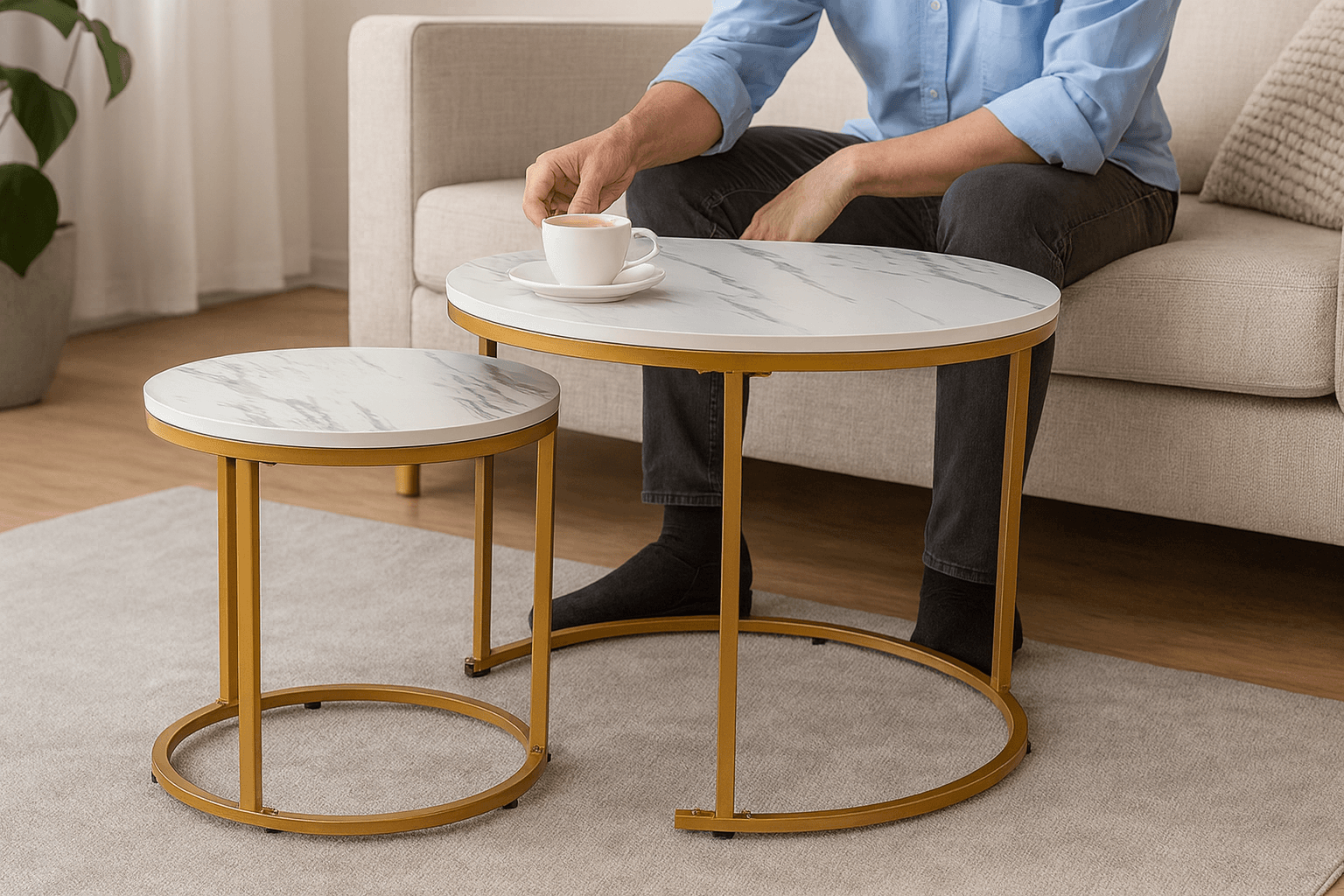 Set 2 masute cafea suprapozabile, MDF si metal, 60x50 cm si 40x40 cm, alb marmura si auriu — imaginea 8