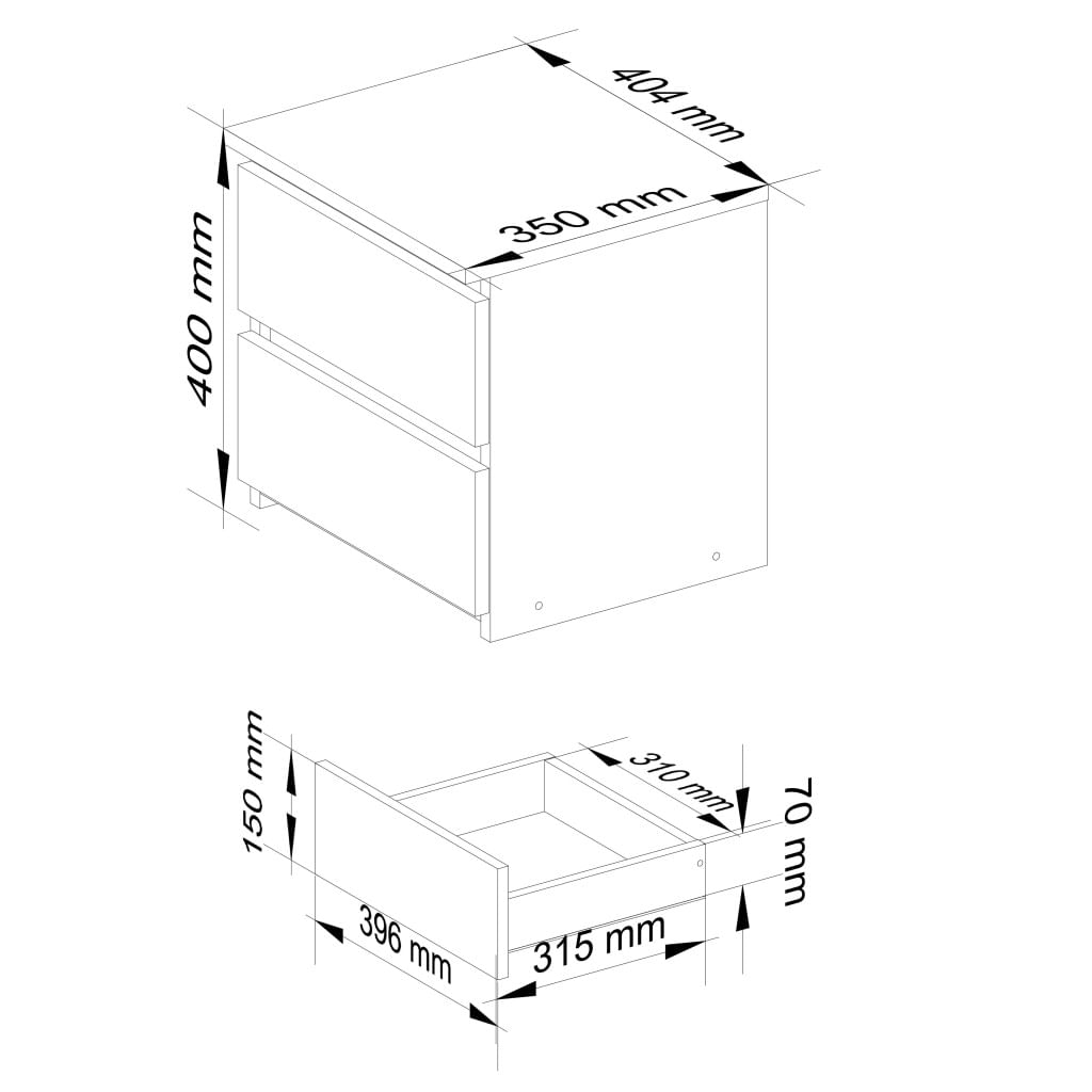 Noptiera cu 2 sertare, din PAL laminat, 40x35x40 cm, alb si stejar sonoma — imaginea 3