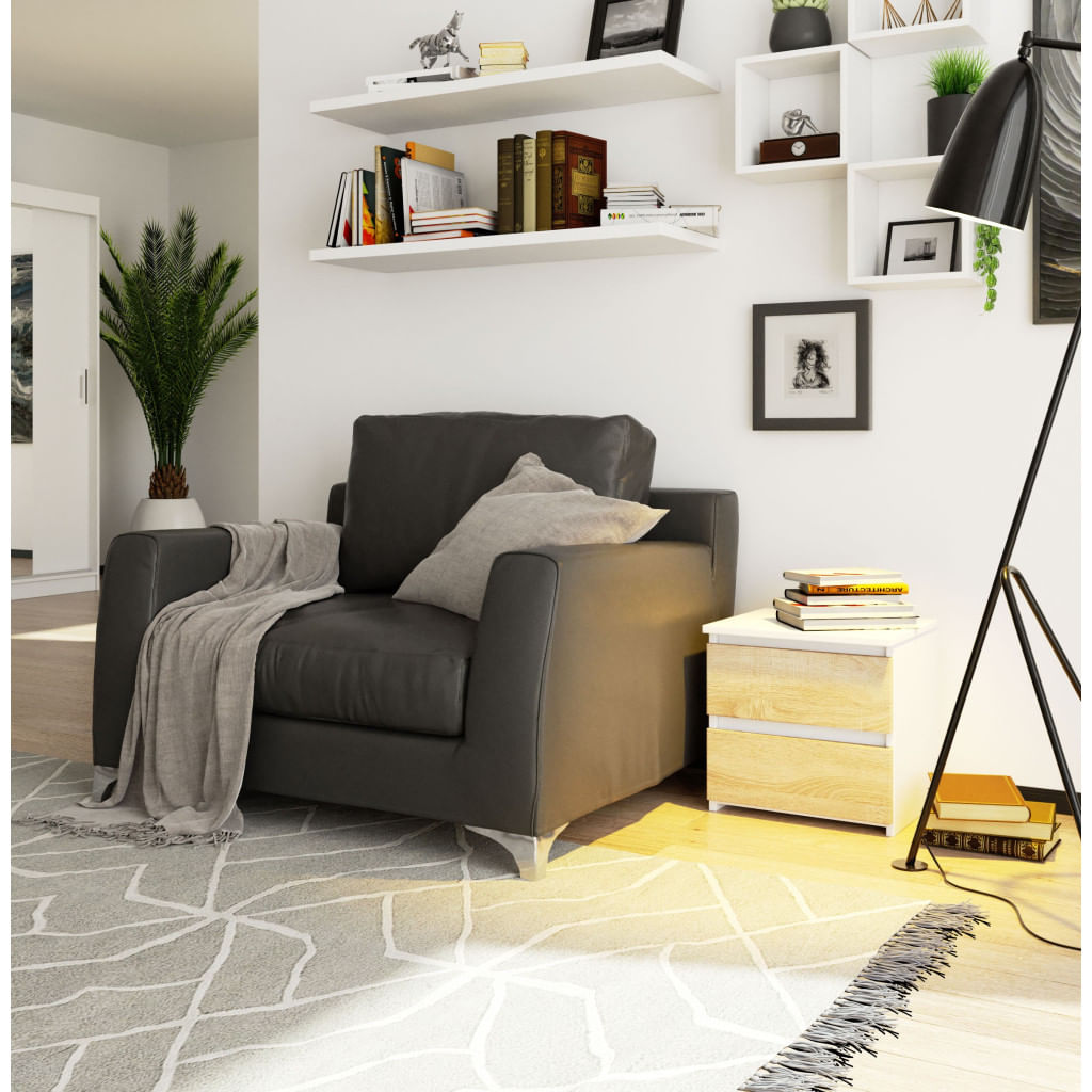 Noptiera cu 2 sertare, din PAL laminat, 40x35x40 cm, alb si stejar sonoma — imaginea 4