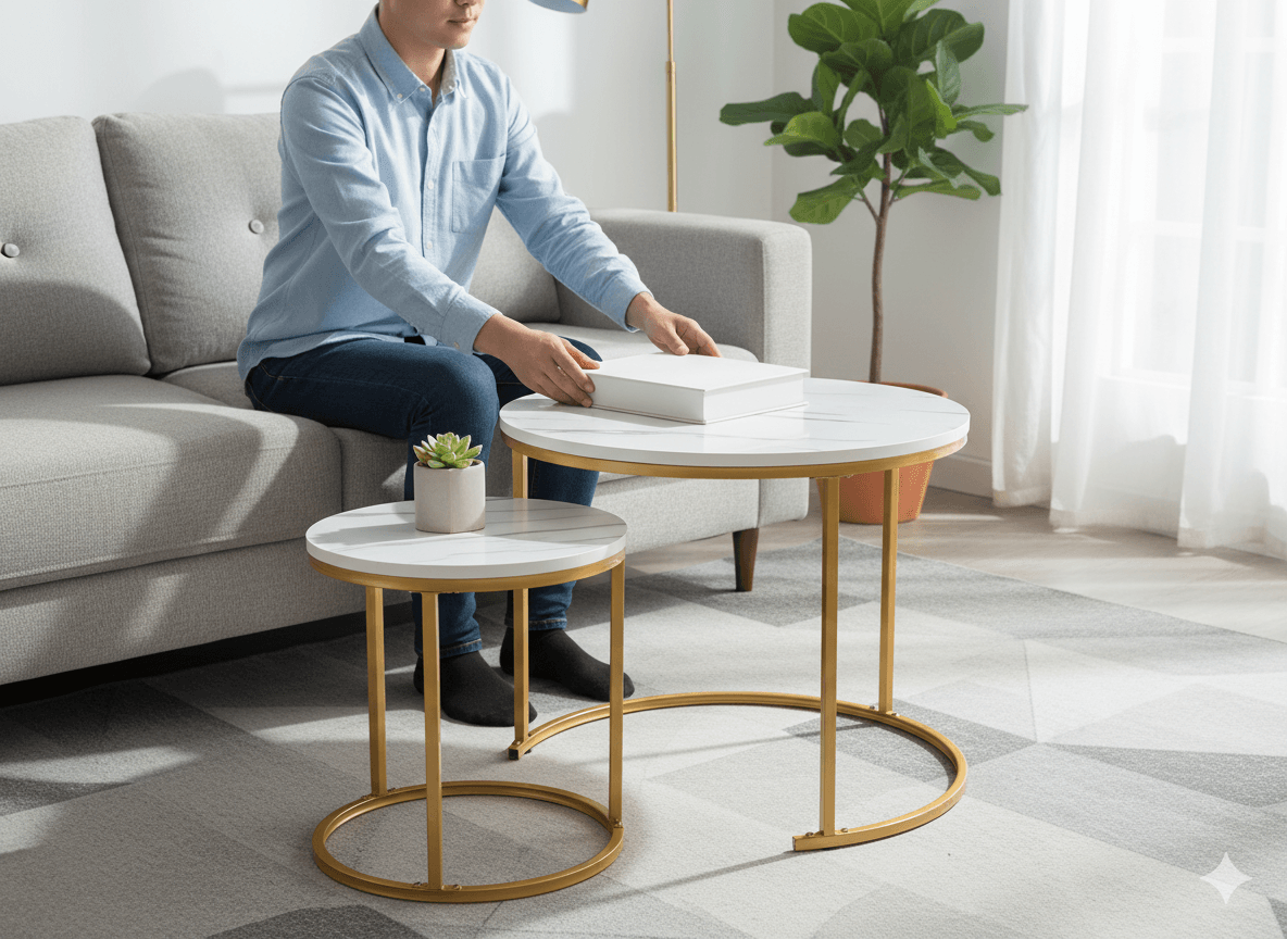 Set 2 masute cafea suprapozabile, MDF si metal, 60x50 cm si 40x40 cm, alb marmura si auriu — imaginea 9