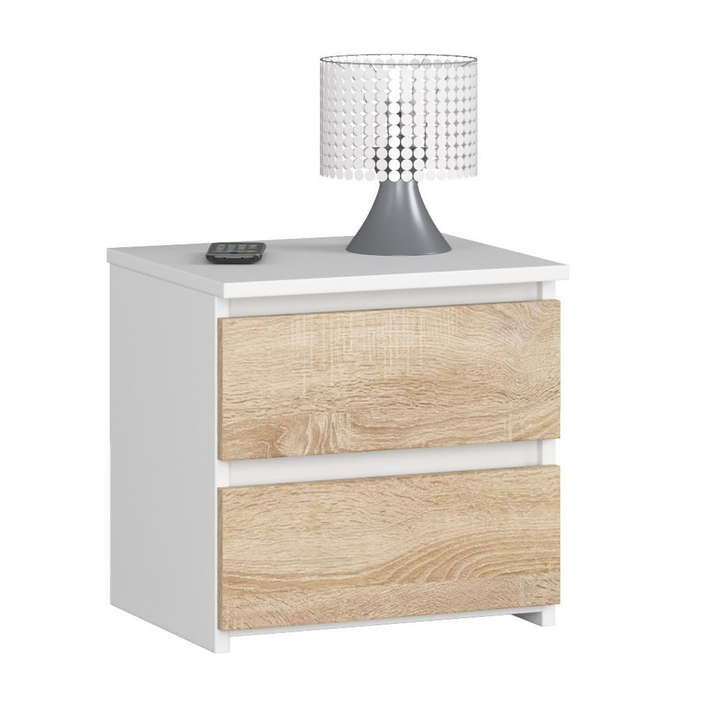 Noptiera cu 2 sertare, din PAL laminat, 40x35x40 cm, alb si stejar sonoma — imaginea 5