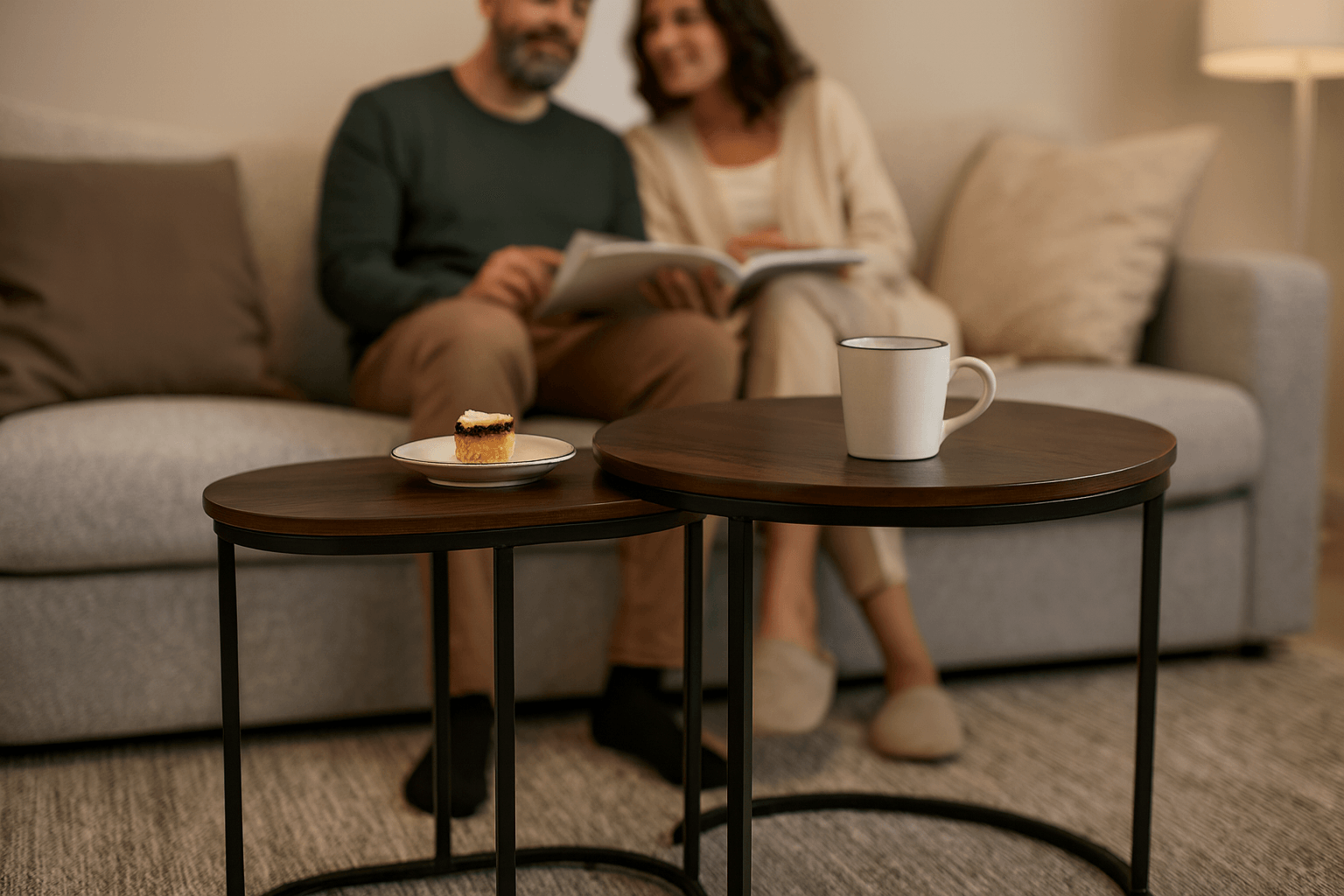 Set 2 masute cafea suprapozabile, MDF si metal, design modern, 60 cm si 50 cm, maro si negru — imaginea 2