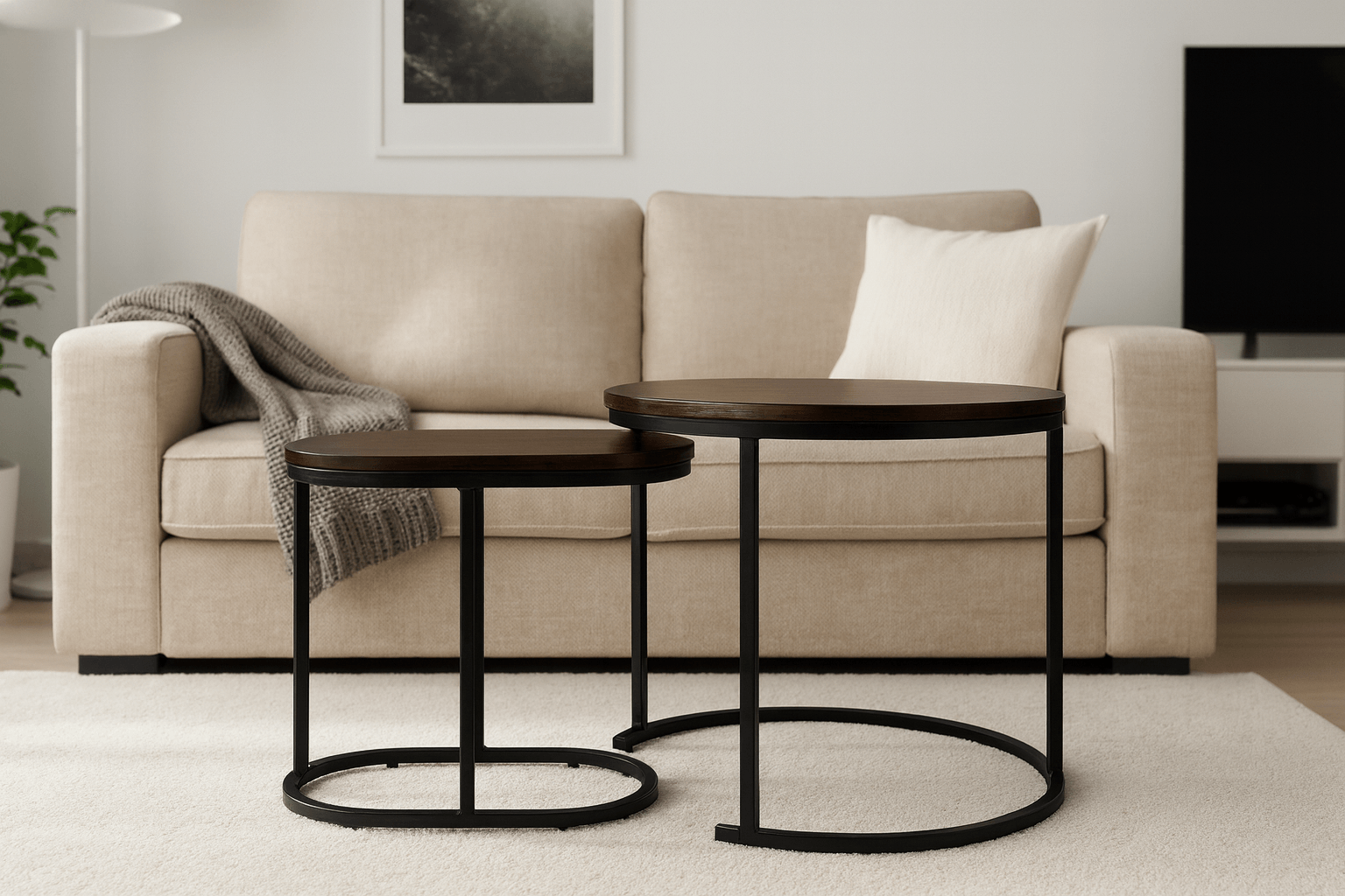 Set 2 masute cafea suprapozabile, MDF si metal, design modern, 60 cm si 50 cm, maro si negru — imaginea 3