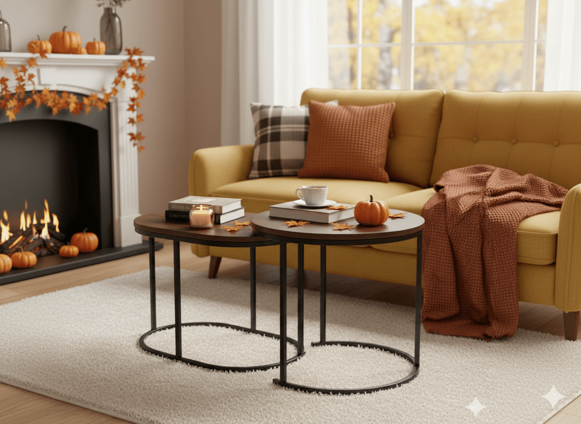 Set 2 masute cafea suprapozabile, MDF si metal, design modern, 60 cm si 50 cm, maro si negru — imaginea 4