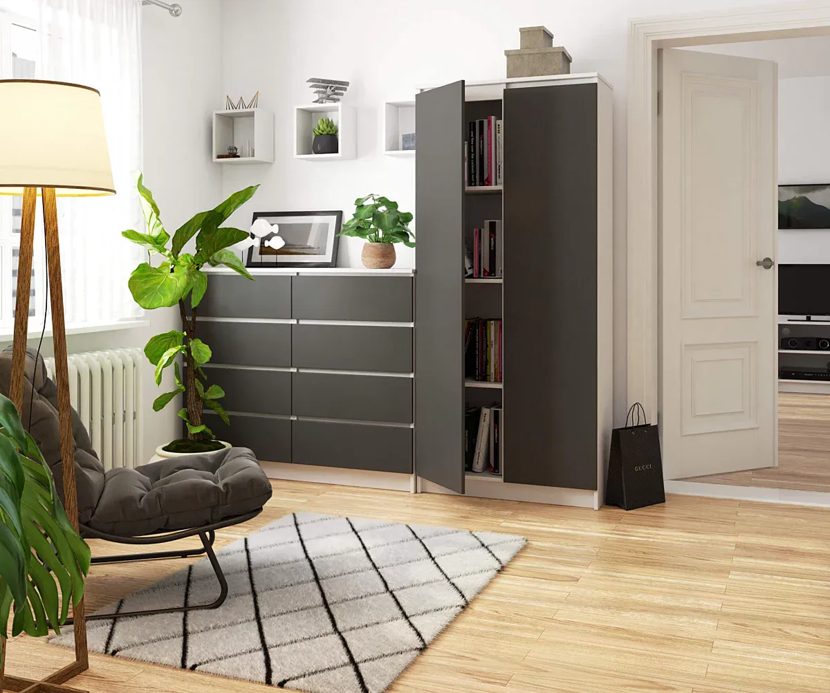 Dulap cu 8 etajere, PAL laminat 16 mm, 80x35x180 cm, alb si grafit — imaginea 2