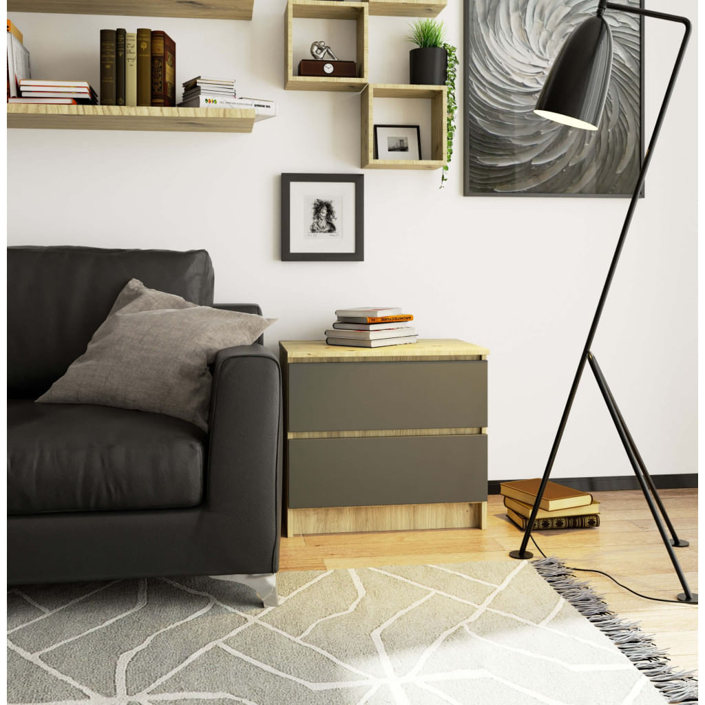 Comoda cu 2 sertare din PAL laminat 16 mm, 60x40x55 cm, stejar artisan si gri — imaginea 2