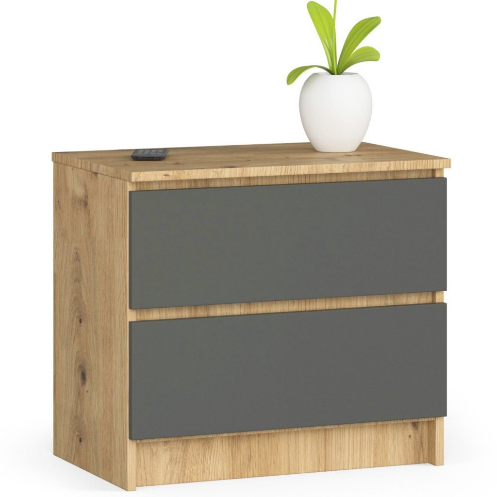 Comoda cu 2 sertare din PAL laminat 16 mm, 60x40x55 cm, stejar artisan si gri — imaginea 4