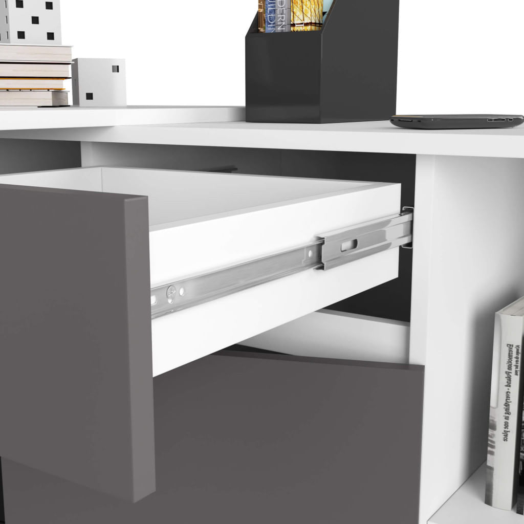Birou de colt cu sertar, usa si 6 rafturi, PAL laminat 16 mm, 120x126x79 cm, alb si gri — imaginea 2