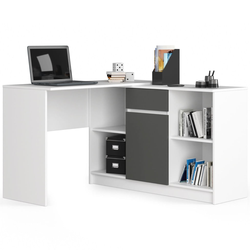 Birou de colt cu sertar, usa si 6 rafturi, PAL laminat 16 mm, 120x126x79 cm, alb si gri — imaginea 3