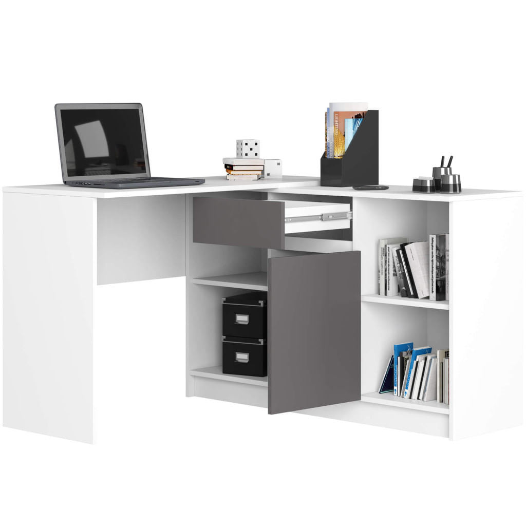 Birou de colt cu sertar, usa si 6 rafturi, PAL laminat 16 mm, 120x126x79 cm, alb si gri — imaginea 5
