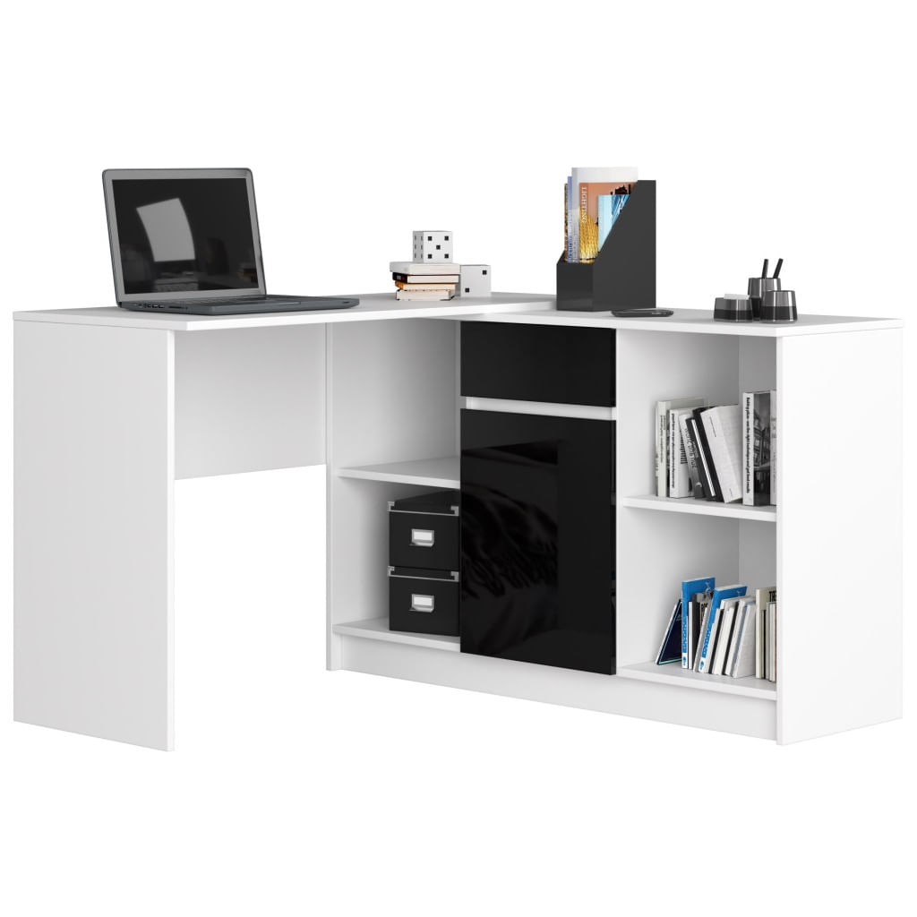 Birou de colt cu sertar, usa si 6 rafturi, fronturi MDF lucios, 120x126x79 cm, alb si negru lucios — imaginea 2