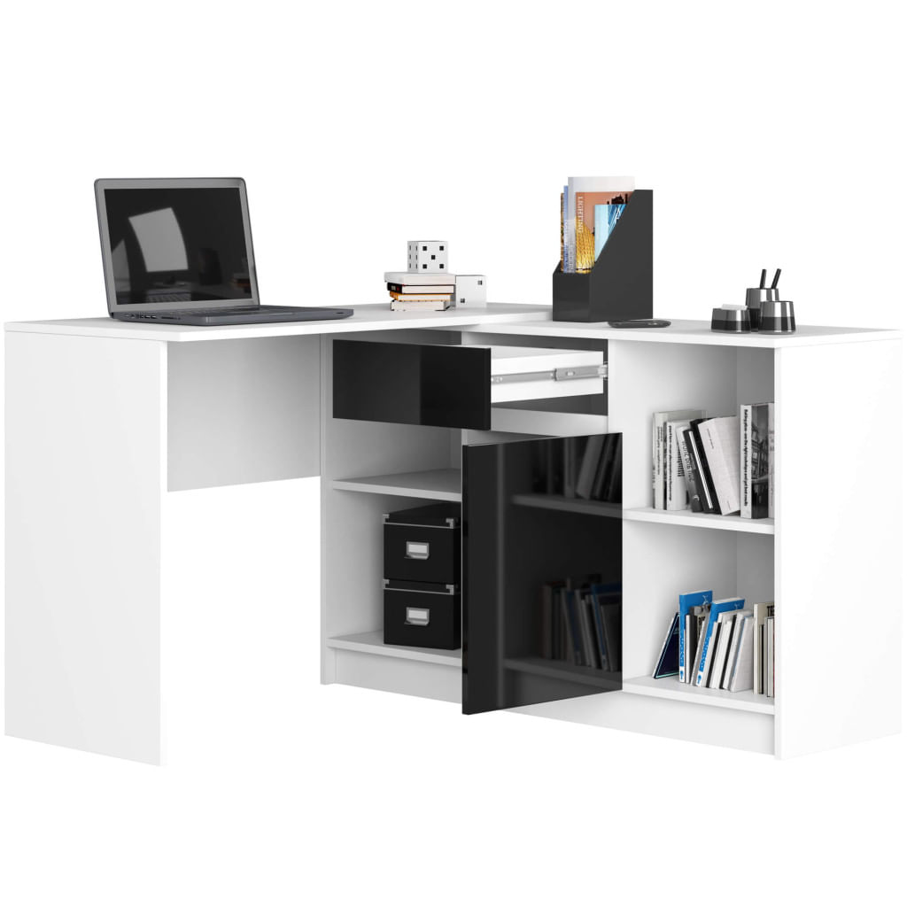 Birou de colt cu sertar, usa si 6 rafturi, fronturi MDF lucios, 120x126x79 cm, alb si negru lucios — imaginea 3