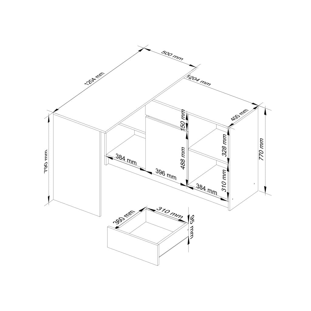 Birou de colt cu sertar, usa si 6 rafturi, fronturi MDF lucios, 120x126x79 cm, alb si negru lucios — imaginea 4