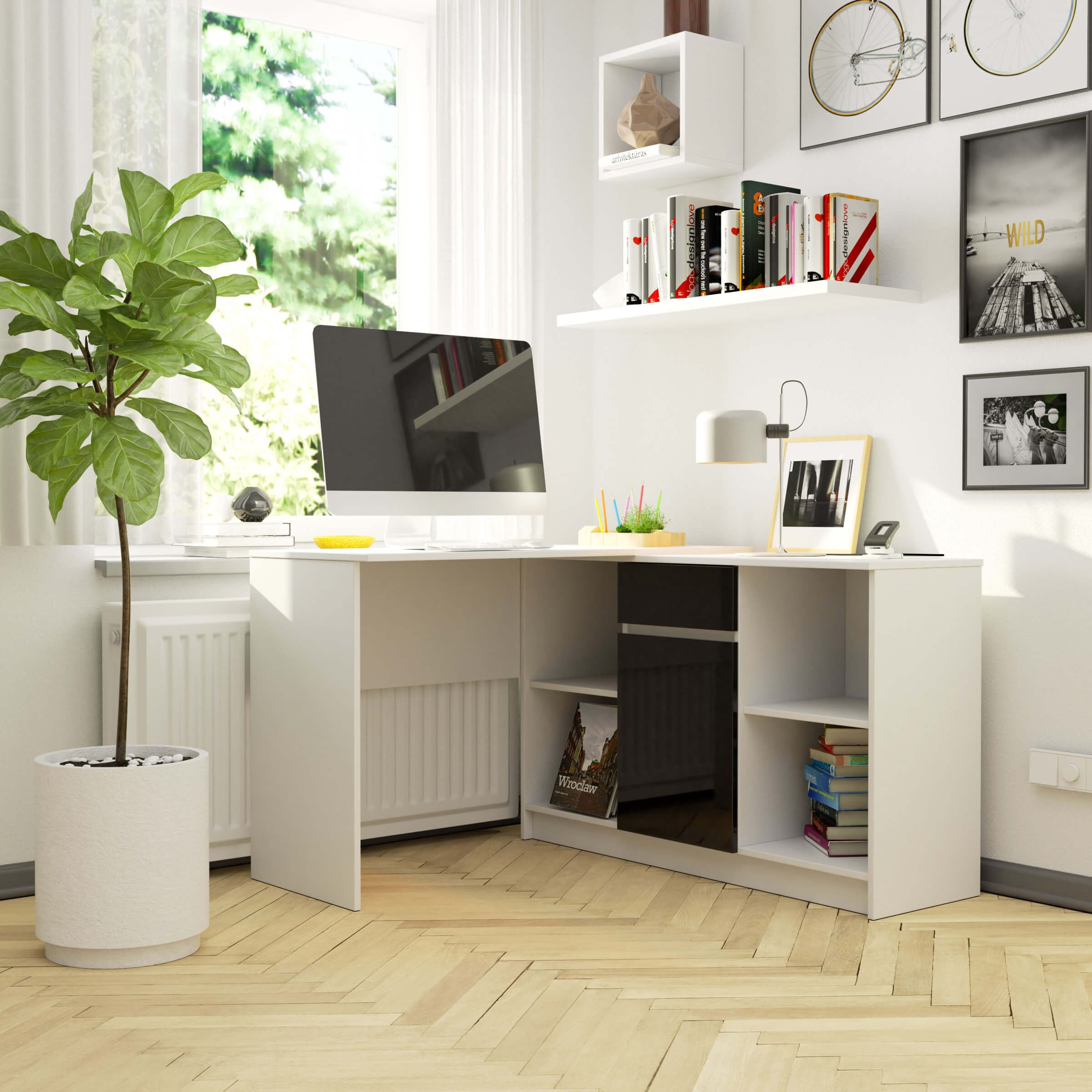 Birou de colt cu sertar, usa si 6 rafturi, fronturi MDF lucios, 120x126x79 cm, alb si negru lucios — imaginea 5