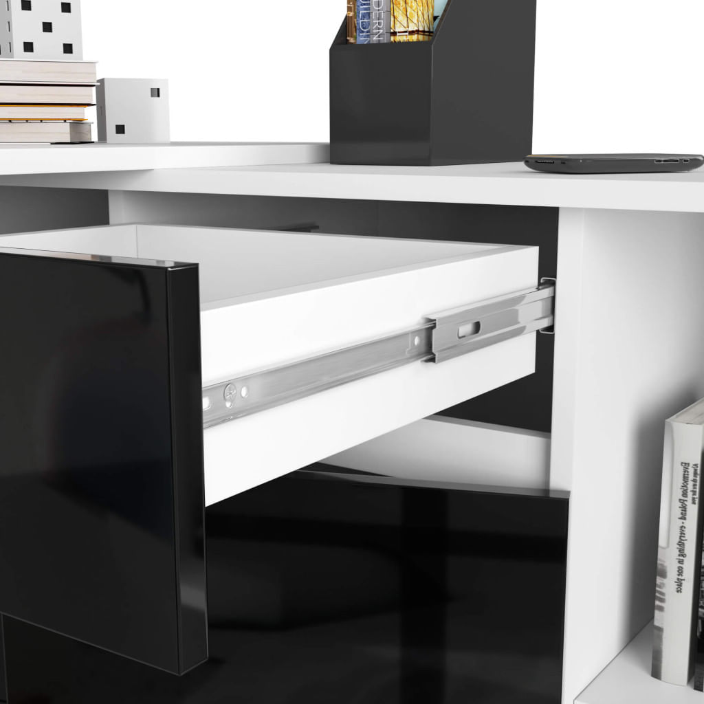 Birou de colt cu sertar, usa si 6 rafturi, fronturi MDF lucios, 120x126x79 cm, alb si negru lucios — imaginea 6