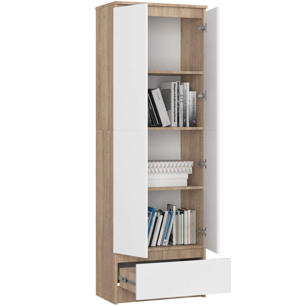 Dulap inchis cu 2 usi si sertar, 4 rafturi, PAL laminat 16 mm, 60x35x180 cm, stejar sonoma si alb — imaginea 3