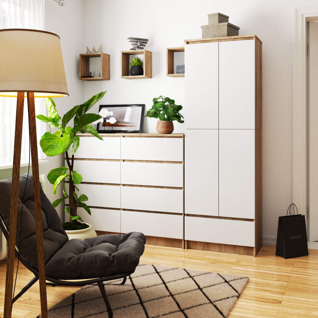 Dulap inchis cu 2 usi si sertar, 4 rafturi, PAL laminat 16 mm, 60x35x180 cm, stejar sonoma si alb — imaginea 6