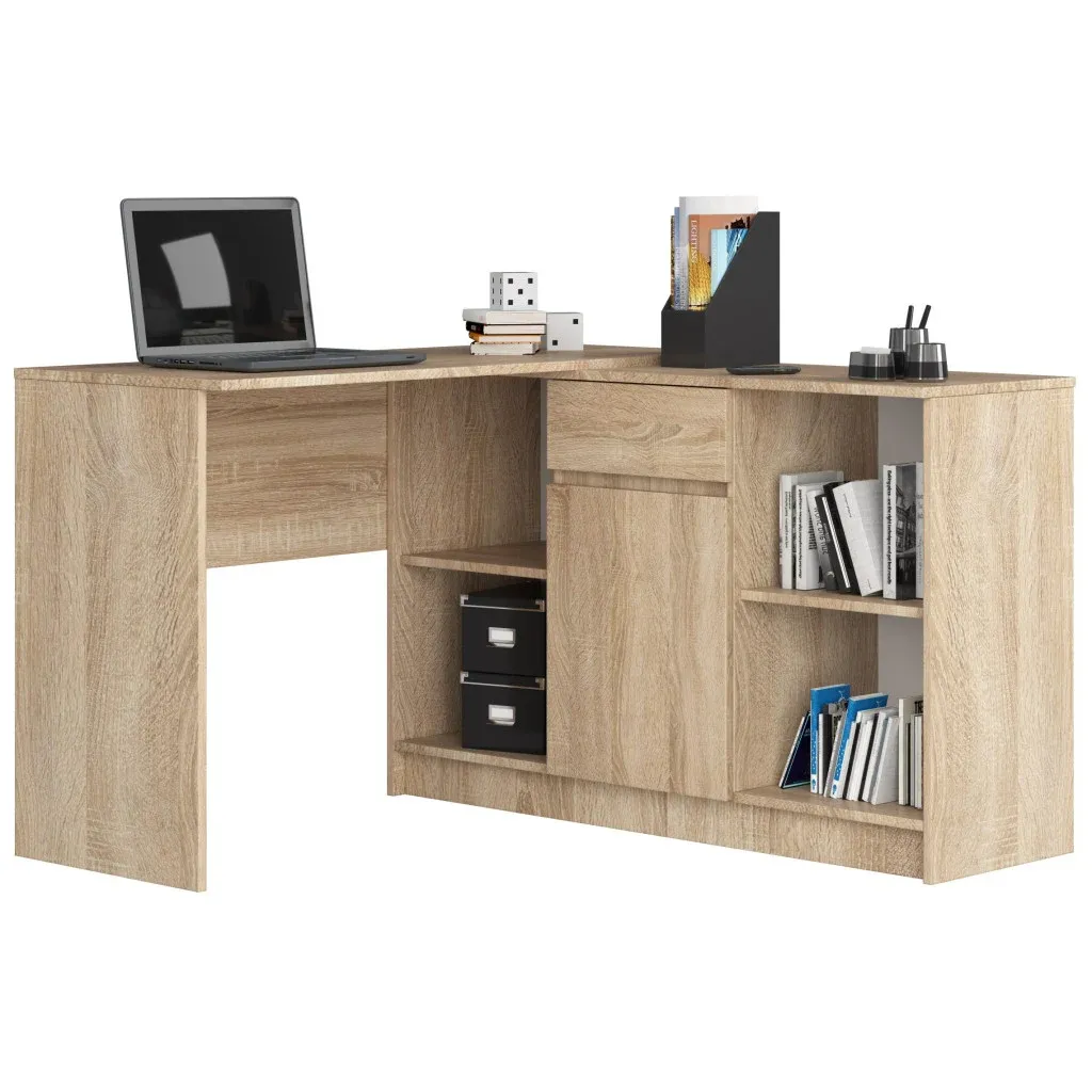 Birou de colt cu sertar, usa si 6 rafturi, PAL laminat 16 mm, 120x126x79 cm, stejar sonoma — imaginea 4