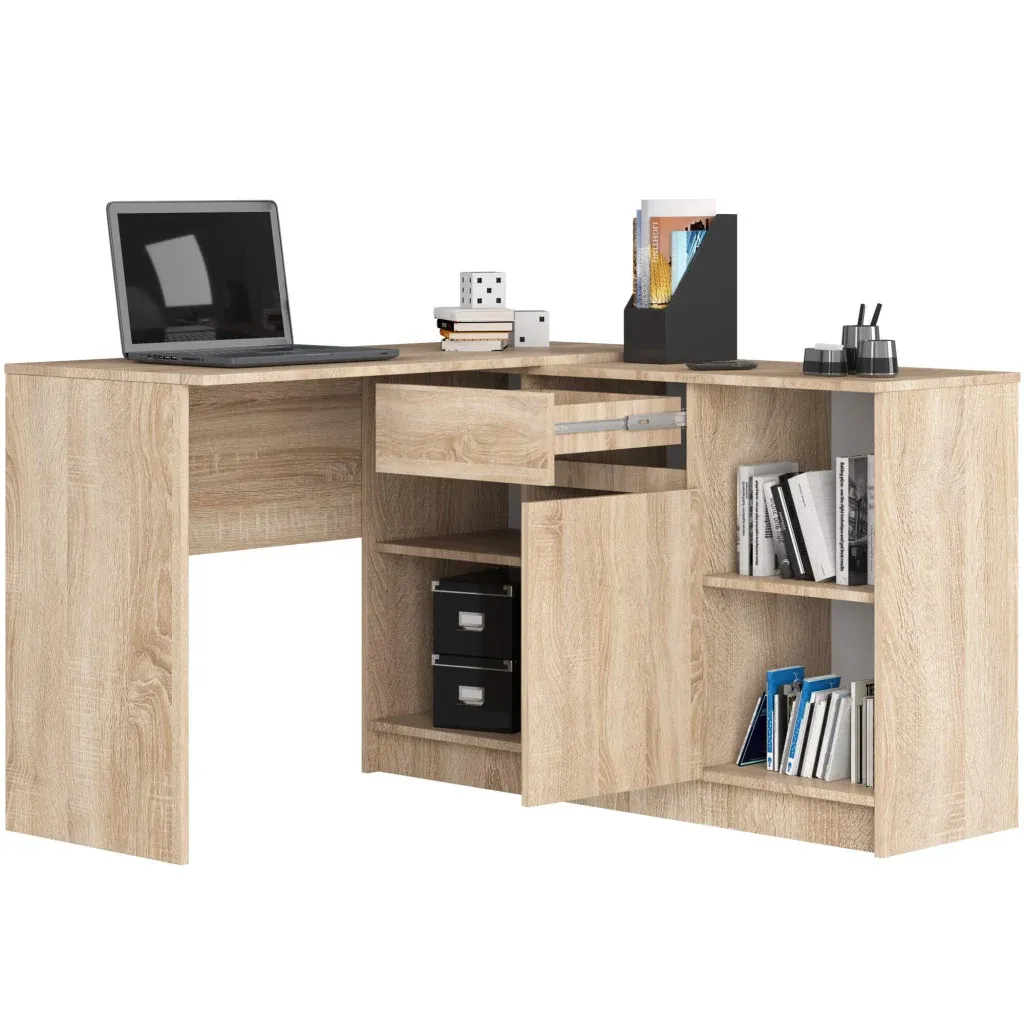 Birou de colt cu sertar, usa si 6 rafturi, PAL laminat 16 mm, 120x126x79 cm, stejar sonoma — imaginea 6