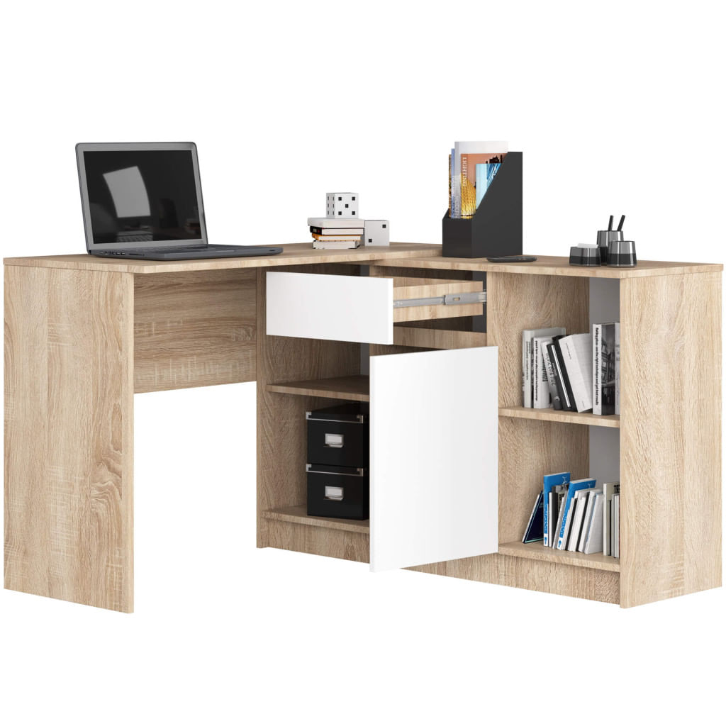 Birou de colt cu sertar, usa si 6 rafturi, PAL laminat 16 mm, 120x126x79 cm, stejar sonoma si alb — imaginea 2