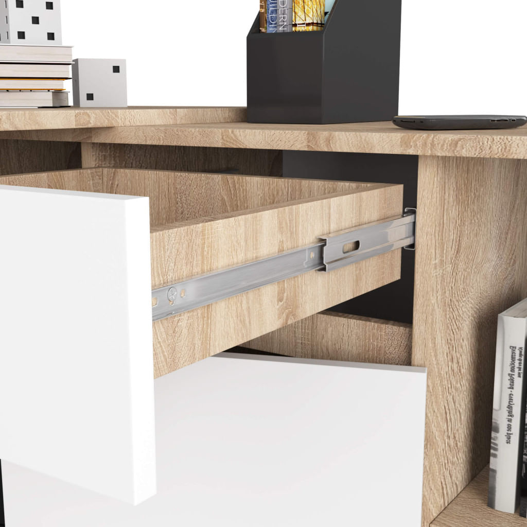Birou de colt cu sertar, usa si 6 rafturi, PAL laminat 16 mm, 120x126x79 cm, stejar sonoma si alb — imaginea 6