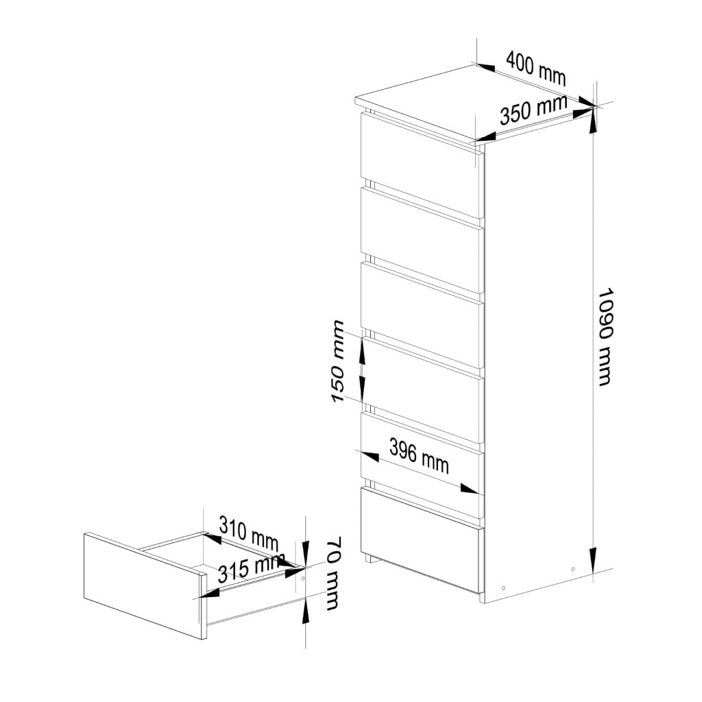 Comoda cu 6 sertare, PAL laminat 16 mm, 40x35x109 cm, alb si gri