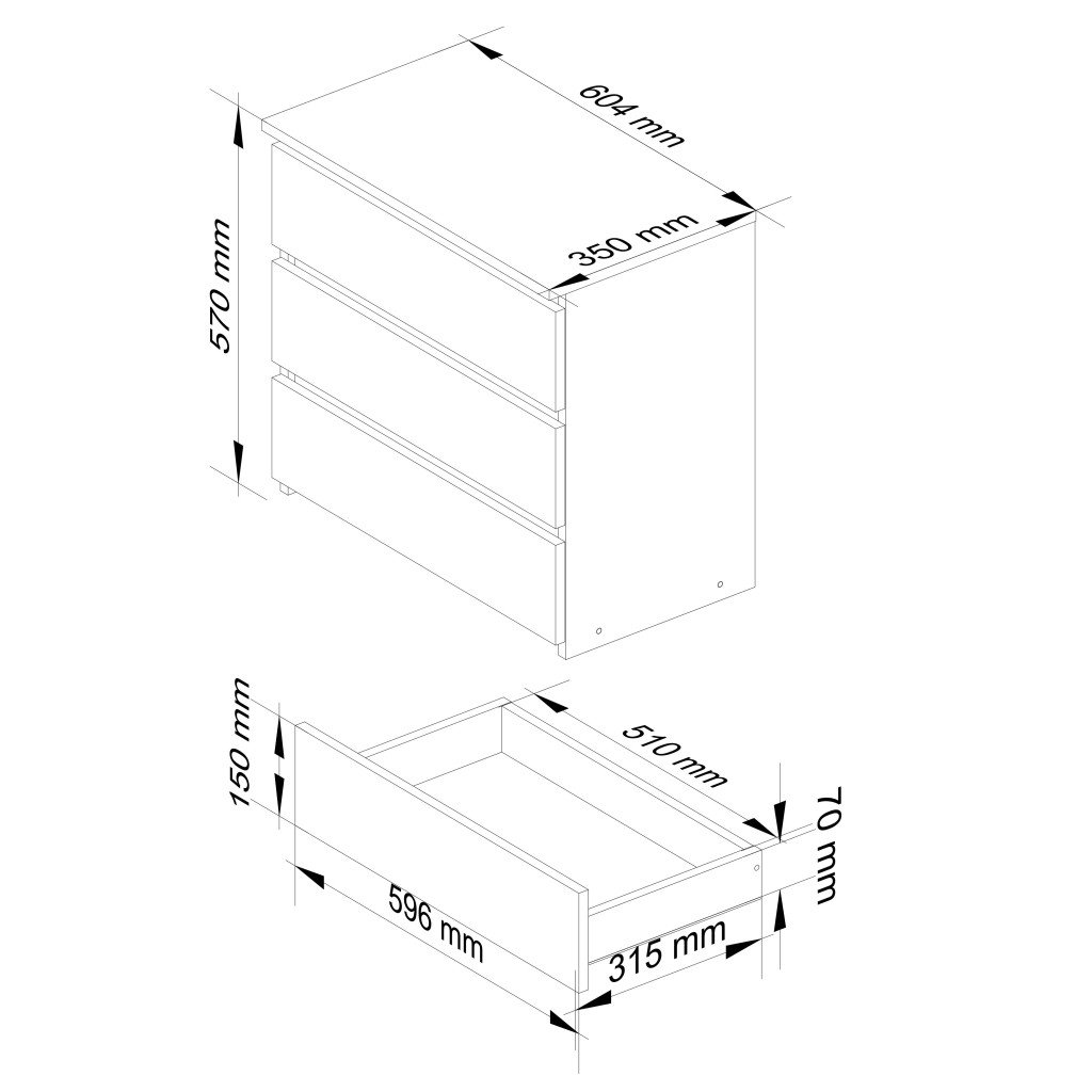 Comoda cu 3 sertare, PAL laminat 16 mm, 60x35x57 cm, alb si stejar sonoma — imaginea 4