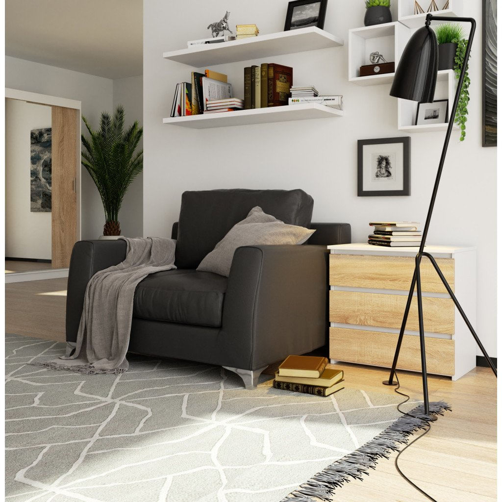 Comoda cu 3 sertare, PAL laminat 16 mm, 60x35x57 cm, alb si stejar sonoma — imaginea 6