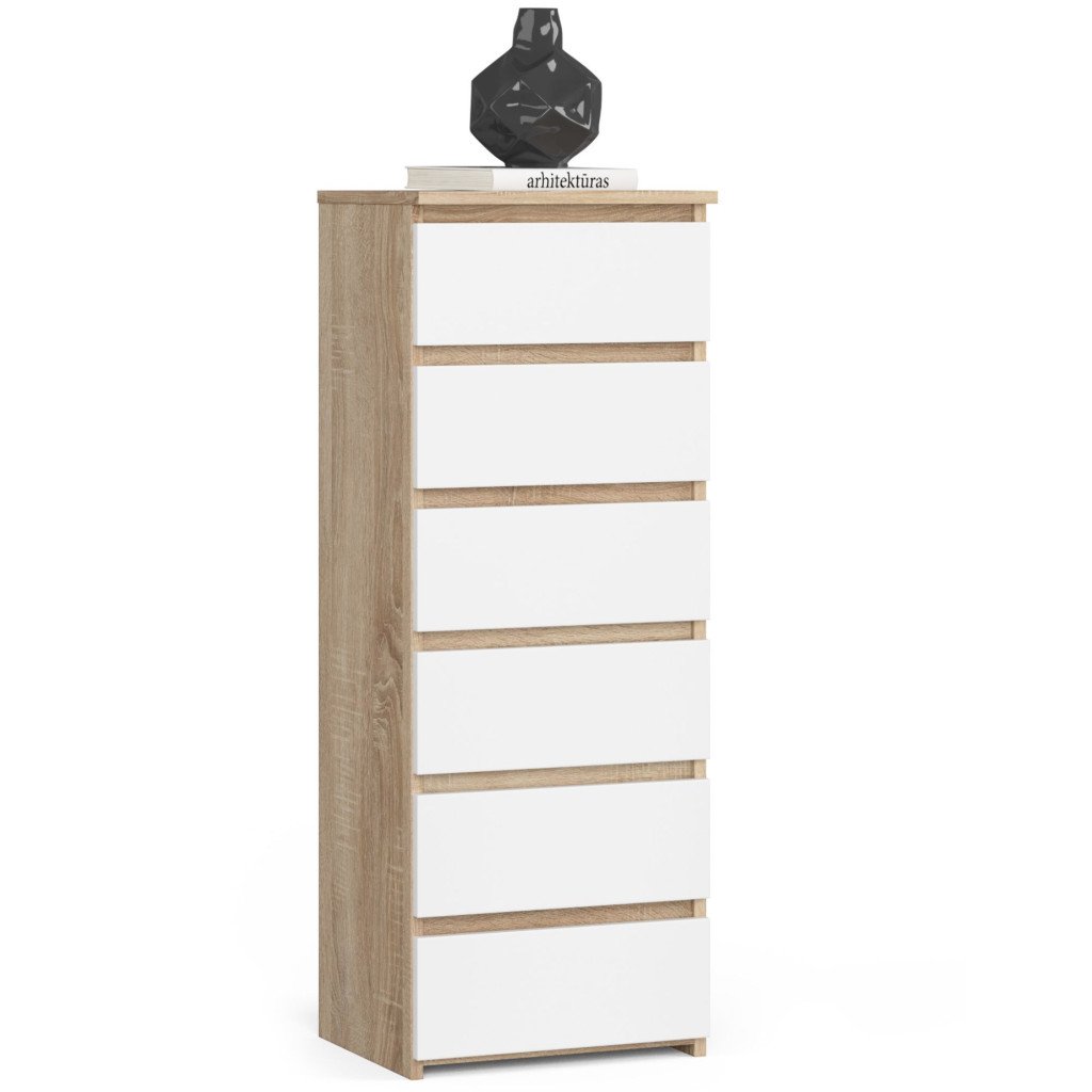 Comoda cu 6 sertare, PAL laminat 16 mm, 40x35x109 cm, stejar sonoma si alb