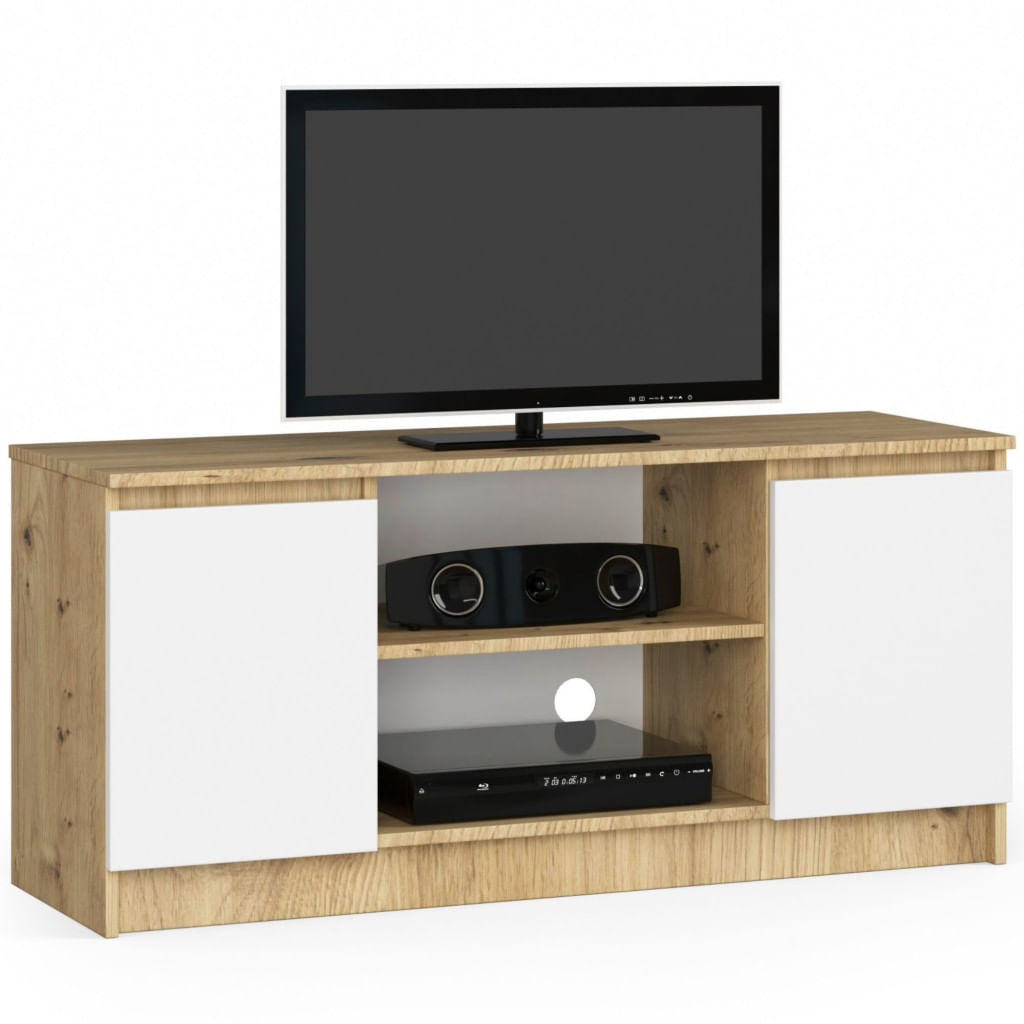Comoda TV cu 2 usi si o polita, PAL laminat 16 mm, 120x40x55 cm, stejar artisan si alb — imaginea 2