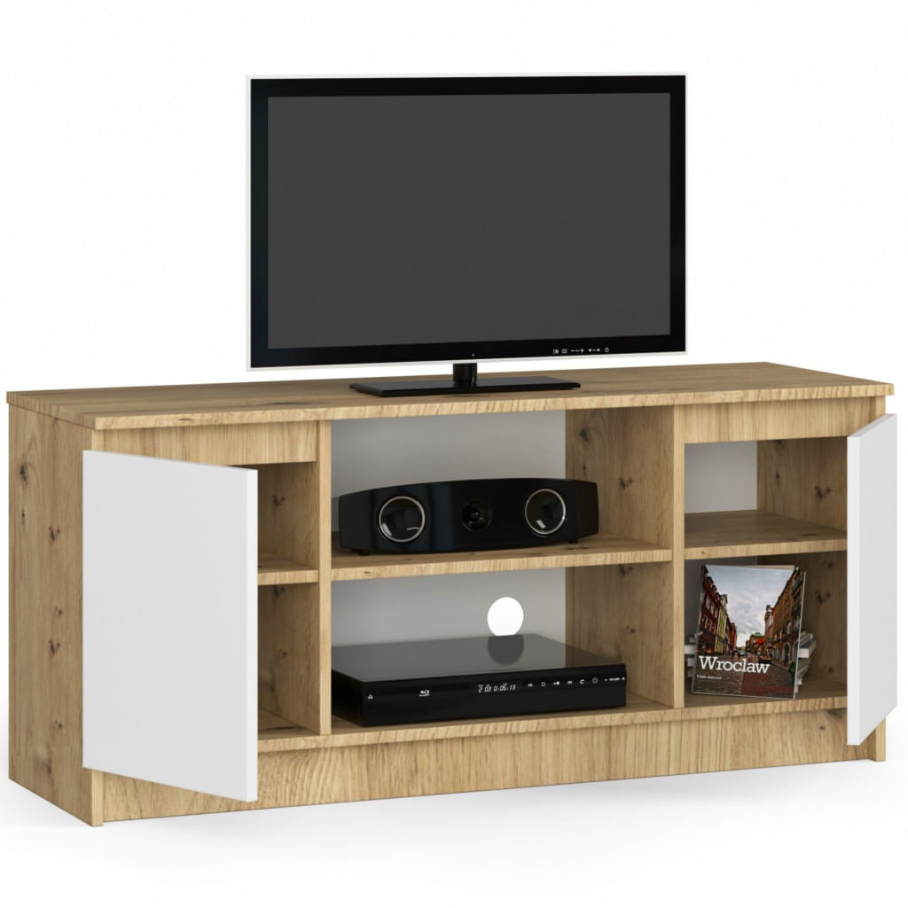 Comoda TV cu 2 usi si o polita, PAL laminat 16 mm, 120x40x55 cm, stejar artisan si alb — imaginea 3