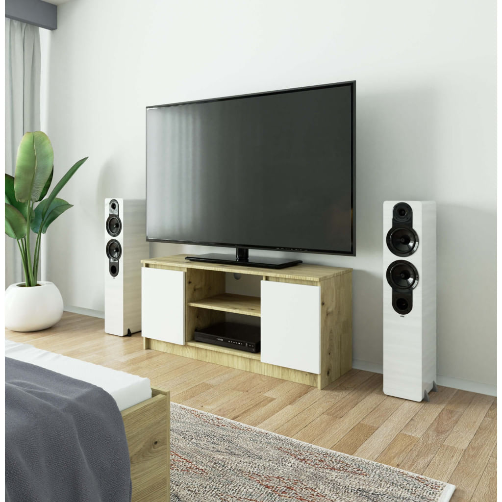 Comoda TV cu 2 usi si o polita, PAL laminat 16 mm, 120x40x55 cm, stejar artisan si alb — imaginea 4