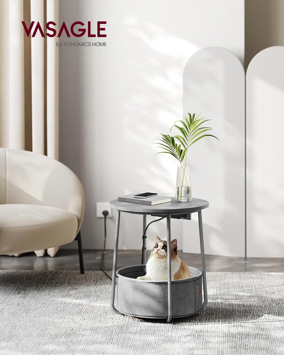 Masuta de cafea rotunda cu cos de stofa, statie de incarcare 2 prize si 2 USB, 45x50cm, gri argintiu — imaginea 2