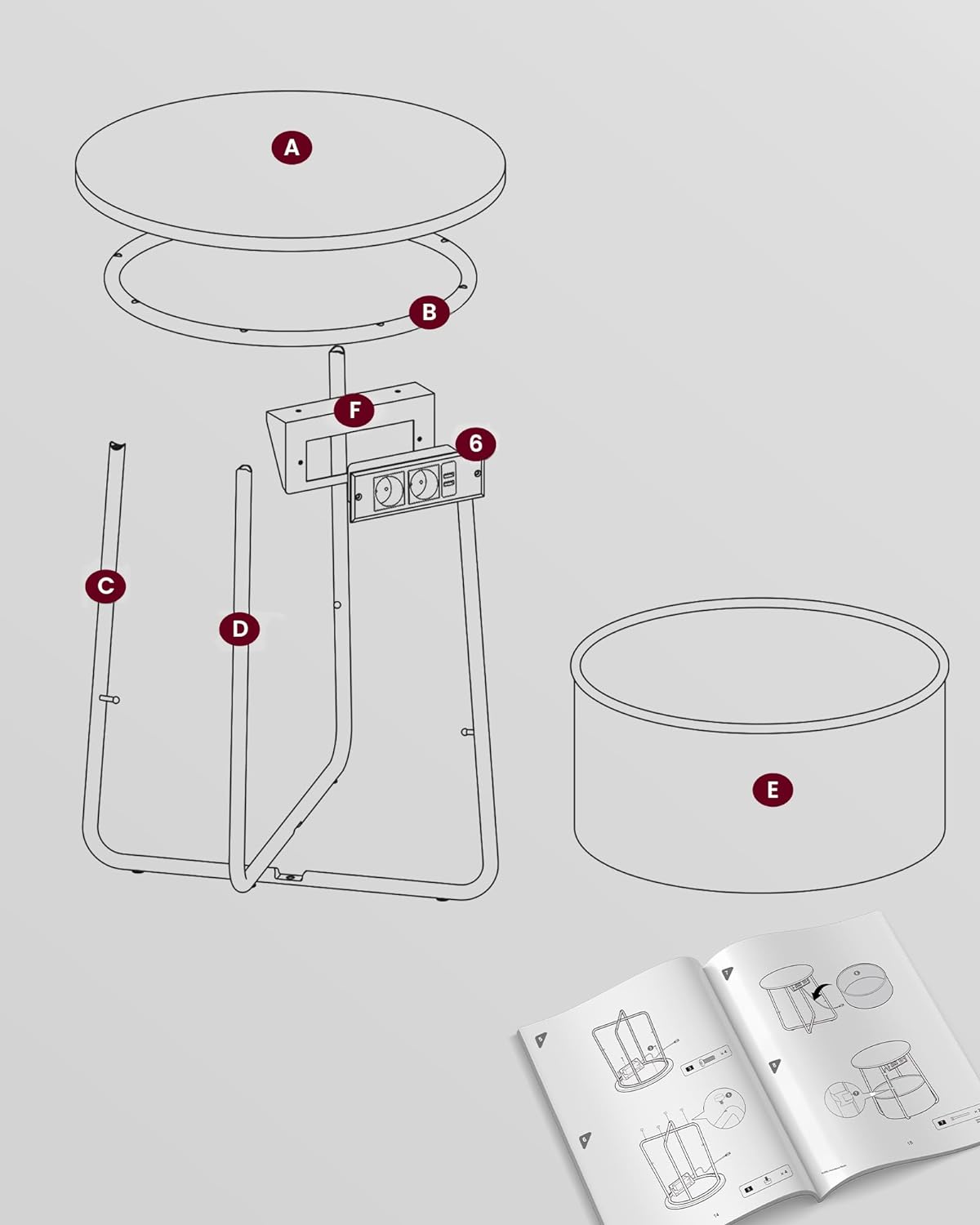Masuta de cafea rotunda cu cos de stofa, statie de incarcare 2 prize si 2 USB, 45x50cm, gri argintiu — imaginea 4