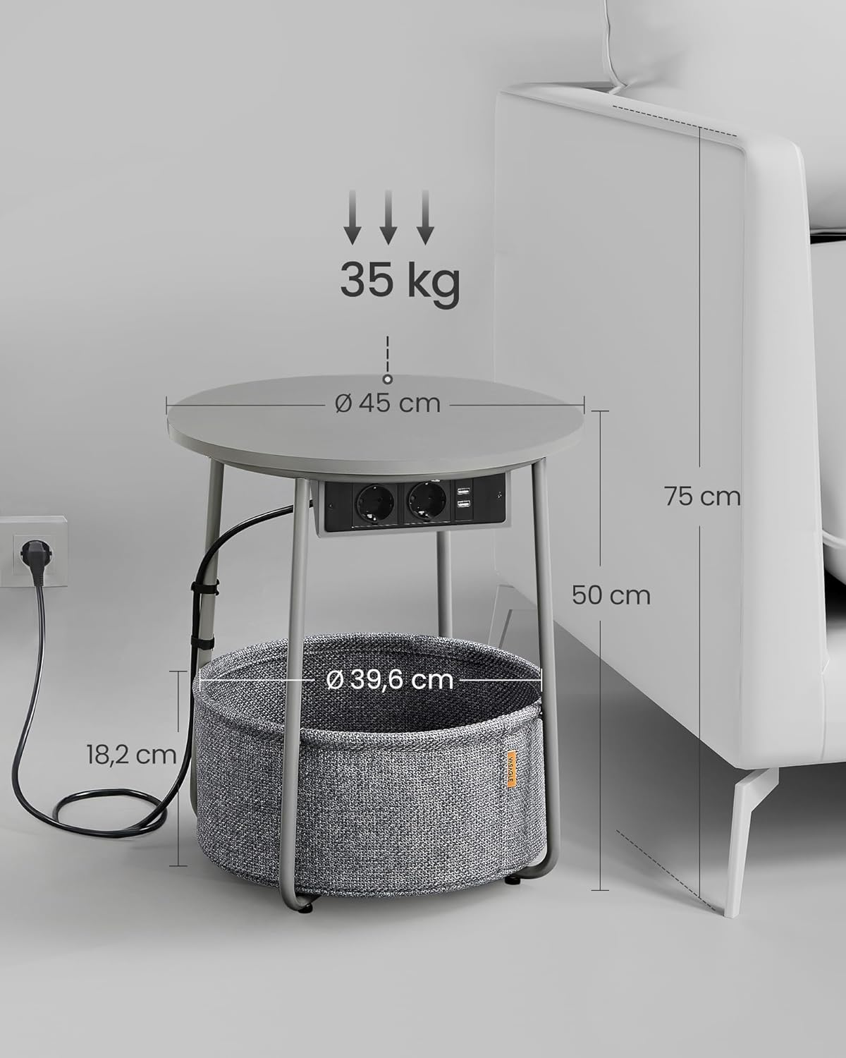 Masuta de cafea rotunda cu cos de stofa, statie de incarcare 2 prize si 2 USB, 45x50cm, gri argintiu — imaginea 6