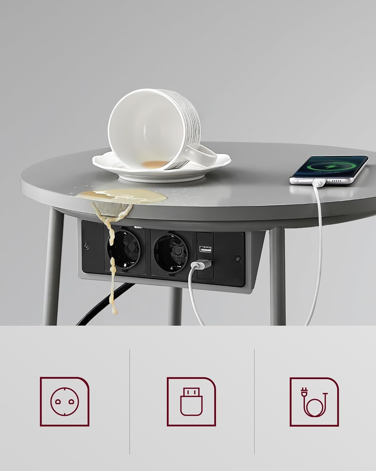 Masuta de cafea rotunda cu cos de stofa, statie de incarcare 2 prize si 2 USB, 45x50cm, gri argintiu — imaginea 7