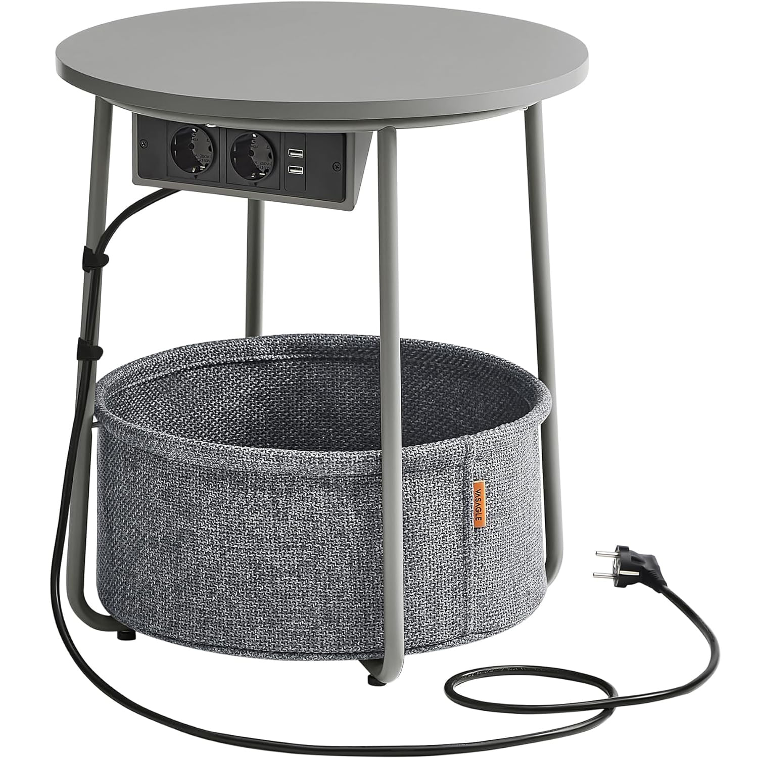 Masuta de cafea rotunda cu cos de stofa, statie de incarcare 2 prize si 2 USB, 45x50cm, gri argintiu — imaginea 8