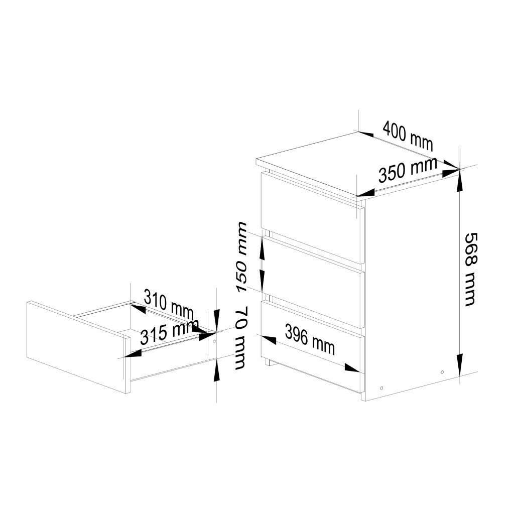 Noptiera cu 3 sertare, PAL laminat 16 mm, 40x35x57 cm, stejar artisan