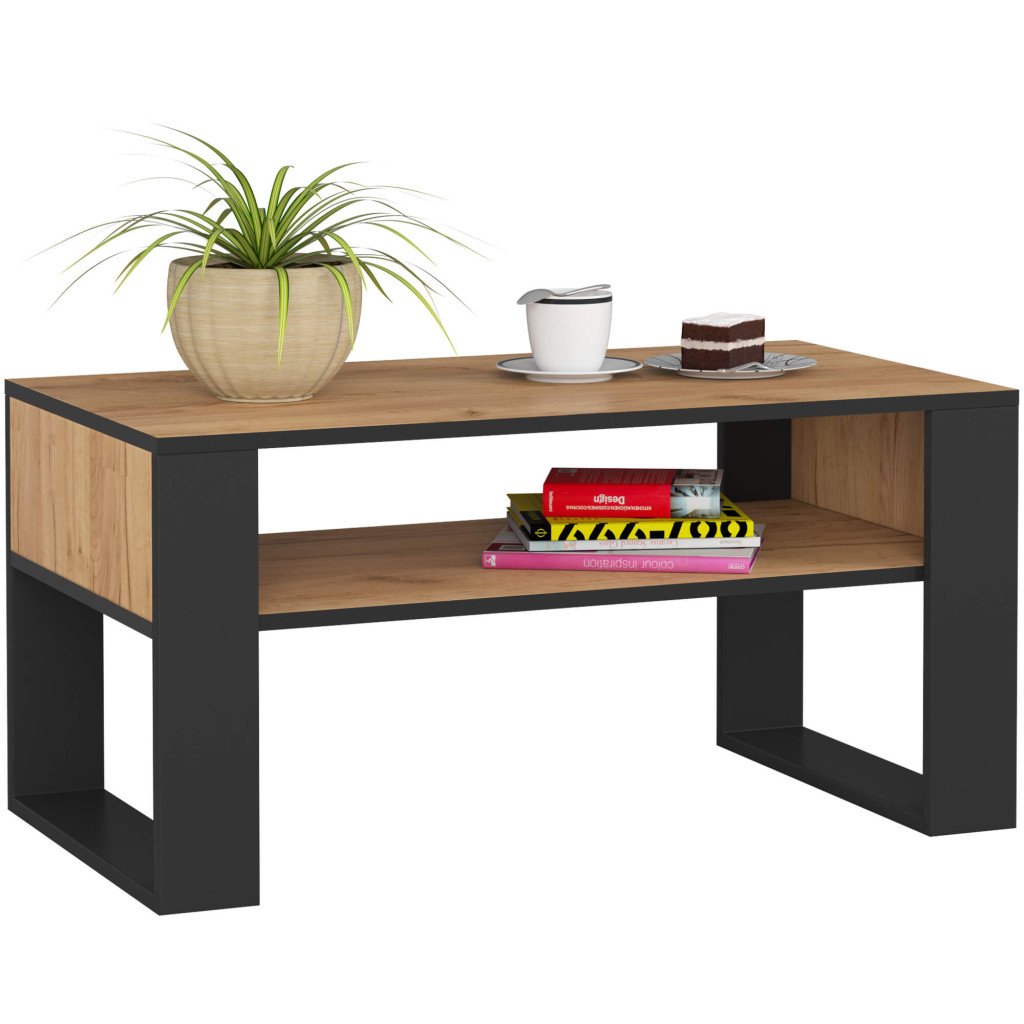 Masuta de cafea Domi cu raft inferior, blat laminat, 92x50x45 cm, stejar craft si negru — imaginea 2