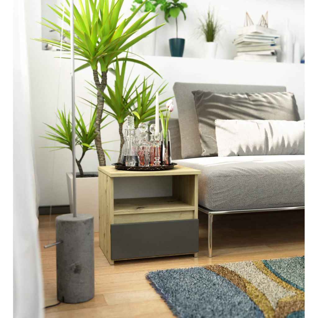 Noptiera cu 1 sertar, PAL laminat 16mm, 40x35x40 cm, stejar artisan si gri — imaginea 2