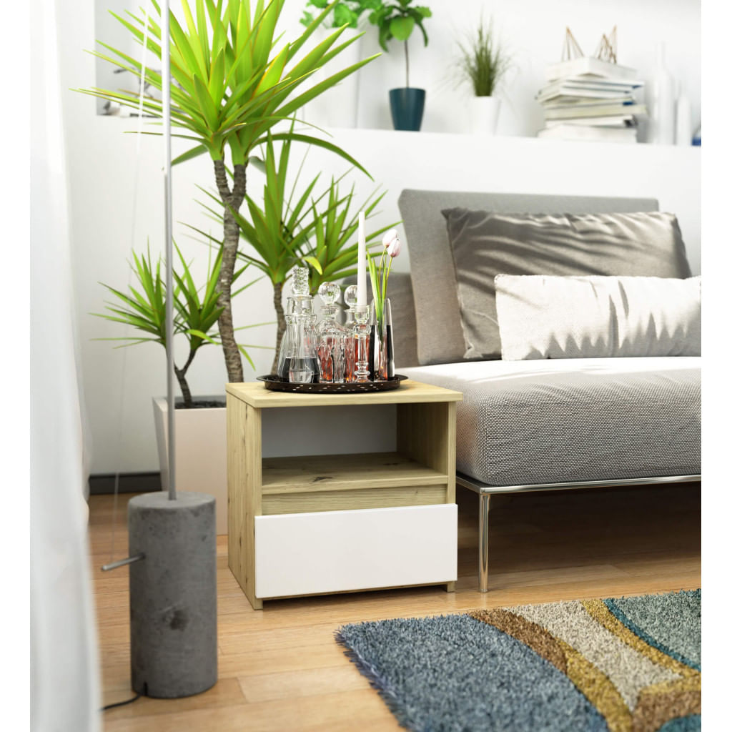 Noptiera cu 1 sertar, PAL laminat 16mm, 40x35x40 cm, stejar artisan si alb — imaginea 3