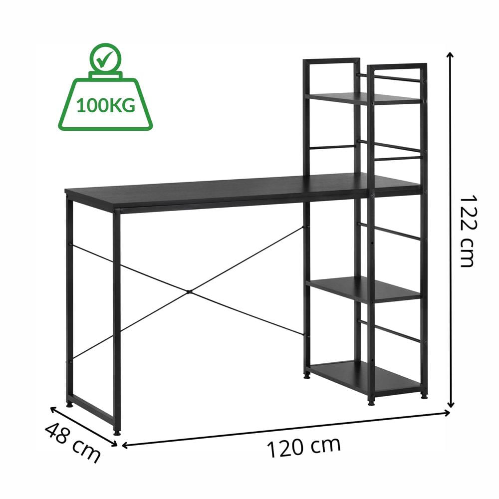 Birou cu blat MDF si rafturi laterale, cadru metalic, 120x48x122 cm, negru — imaginea 9