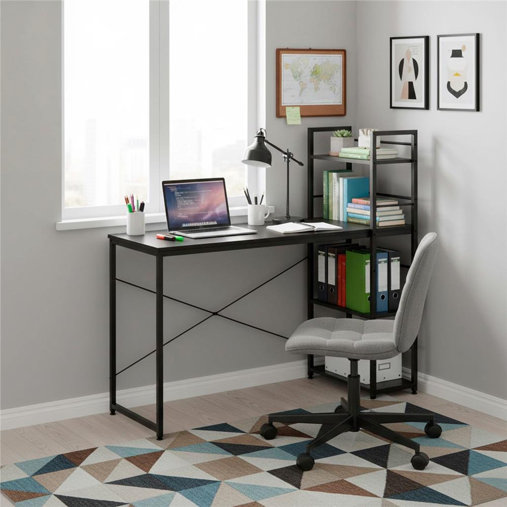 Birou cu blat MDF si rafturi laterale, cadru metalic, 120x48x122 cm, negru — imaginea 17
