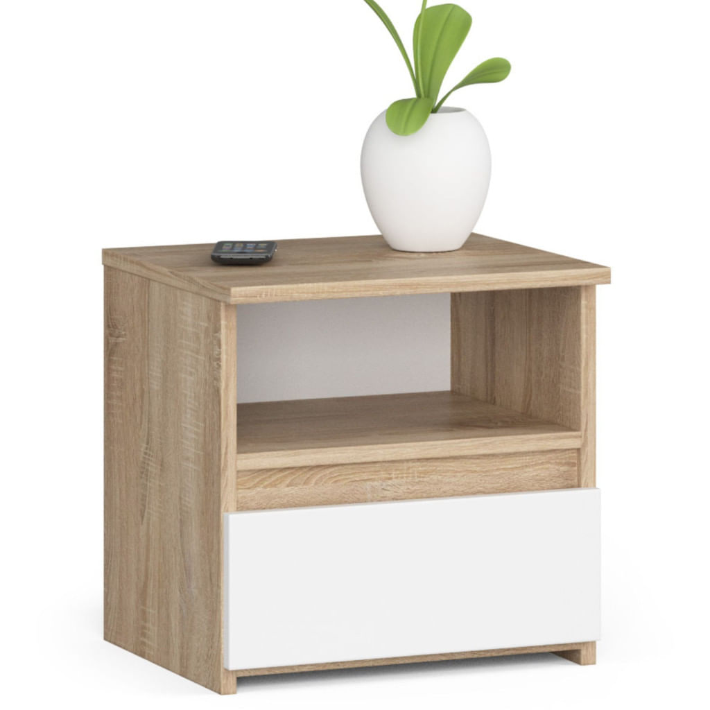 Noptiera cu 1 sertar, PAL laminat 16mm, 40x35x40 cm, stejar sonoma si alb — imaginea 2