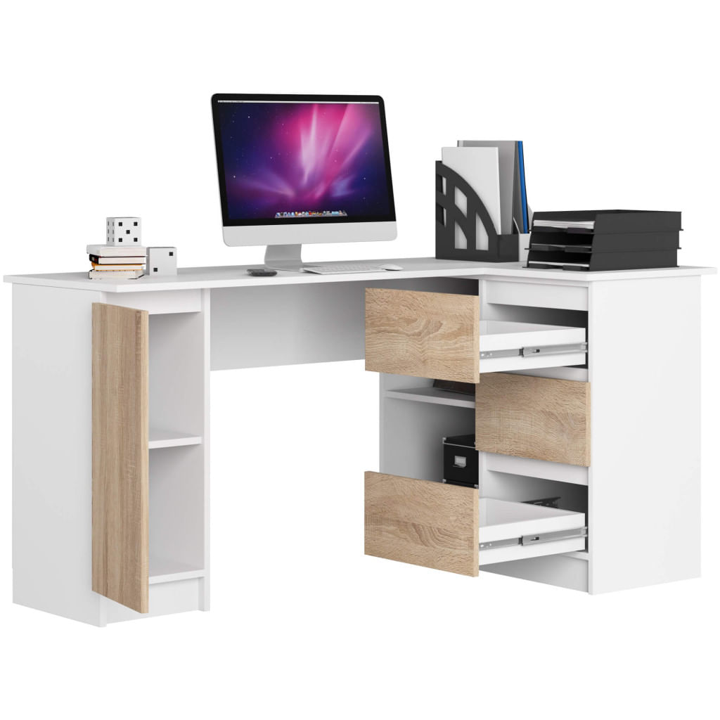 Birou colt dreapta in L cu 3 sertare si rafturi, PAL laminat 16 mm, 155x85x77 cm, alb si stejar sonoma — imaginea 2