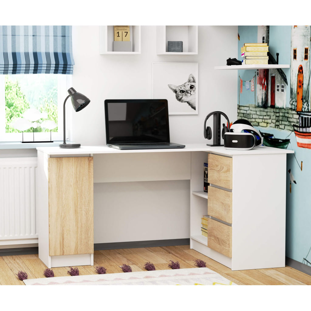 Birou colt dreapta in L cu 3 sertare si rafturi, PAL laminat 16 mm, 155x85x77 cm, alb si stejar sonoma — imaginea 3