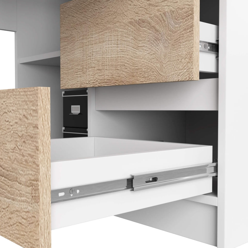 Birou colt dreapta in L cu 3 sertare si rafturi, PAL laminat 16 mm, 155x85x77 cm, alb si stejar sonoma — imaginea 4