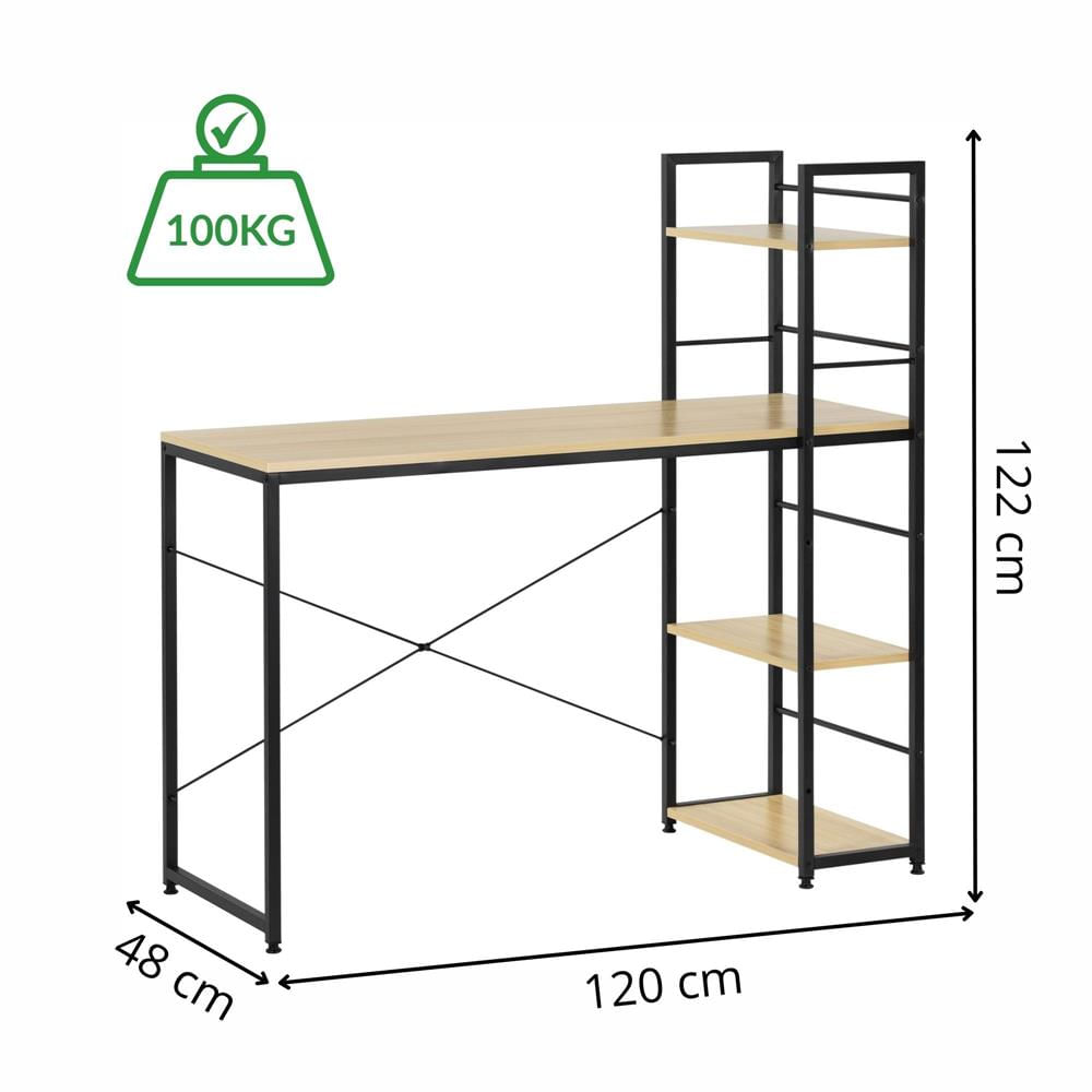 Birou cu blat MDF si rafturi laterale, cadru metalic, 120x48x122 cm, maro deschis — imaginea 9